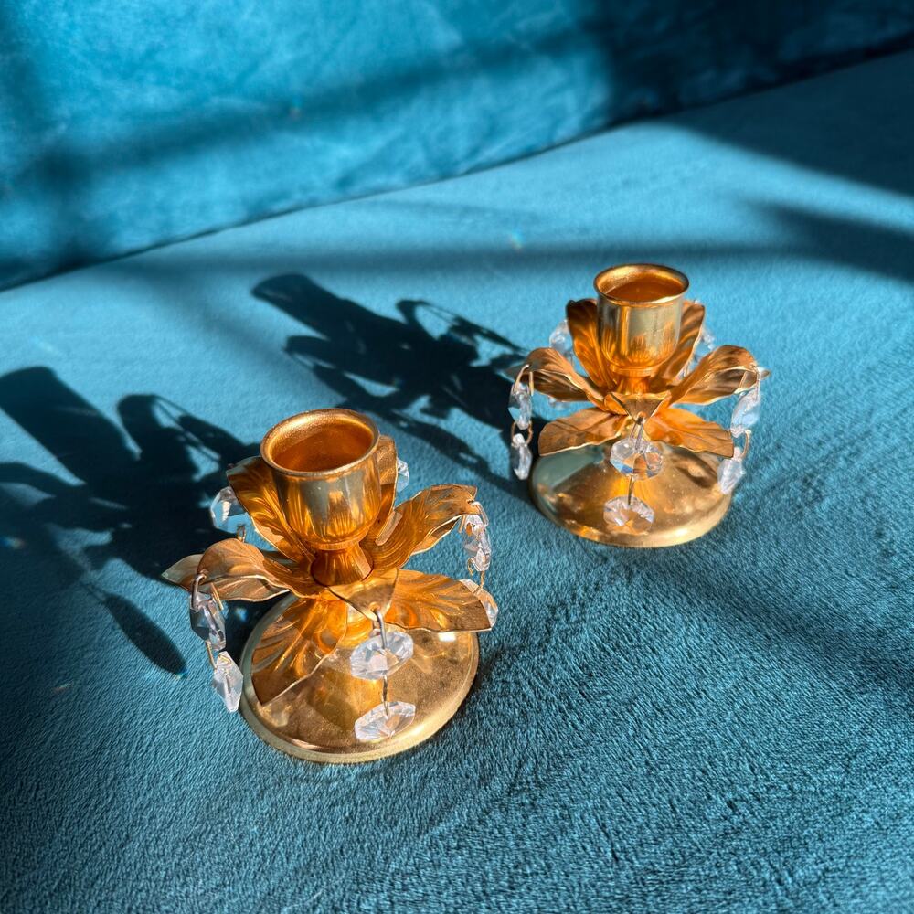 Vintage 80s / 90s set of 2 golden candlestick holders